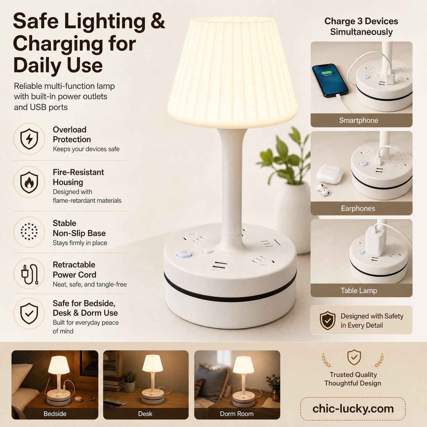 🎁🔥Last day sale 50% OFF🔥💡 Bedside Lamp with AC Outlets and USB Ports