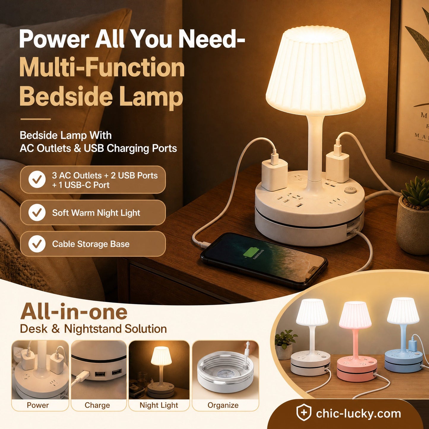 🎁🔥Last day sale 50% OFF🔥💡 Bedside Lamp with AC Outlets and USB Ports