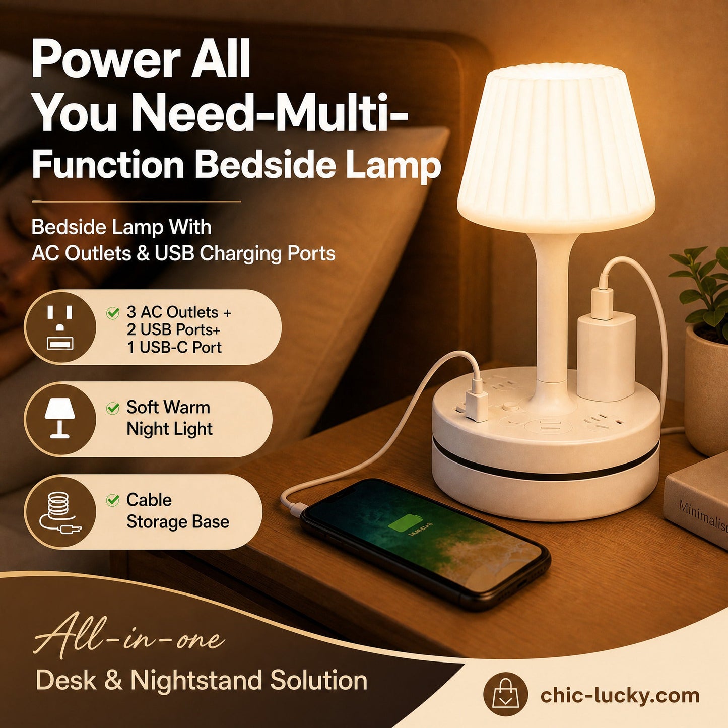🎁🔥Last day sale 50% OFF🔥💡 Bedside Lamp with AC Outlets and USB Ports