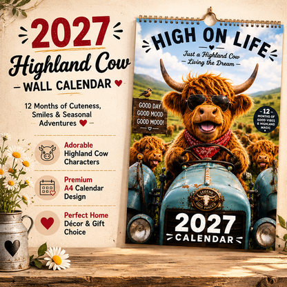 🎁2027 Highland Cow Wall Calendar – Cute Farmhouse Style Calendar For Home Decor✨