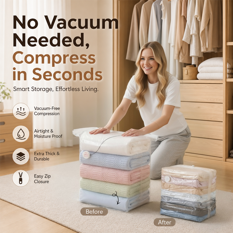 🥳2026 HOT SALE🥳💞50K+ SOLD!Darolio® No‑Pump Vacuum Storage Bags – Press & seal, no pump needed. Saves 80% space, keeps clothes dry & dust‑free. Perfect for bulky bedding & off‑season gear. 🛏️🗄️