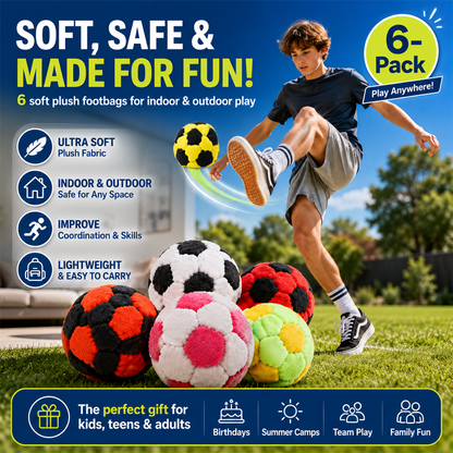 6 Pack Soccer Hackys Footbag Sacks - Soft Plush Footbags for Adults