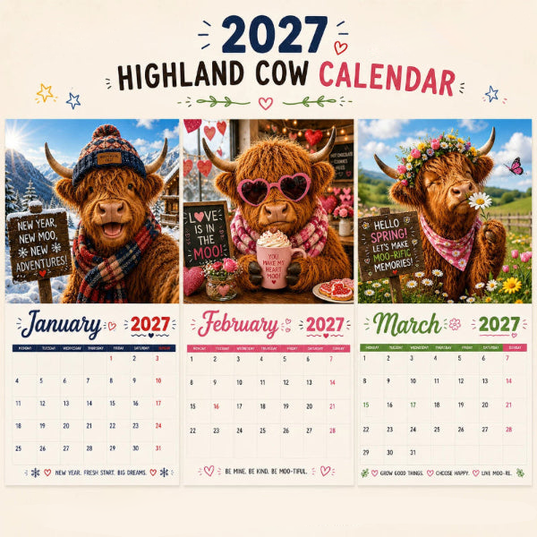 🎁2027 Highland Cow Wall Calendar – Cute Farmhouse Style Calendar For Home Decor✨