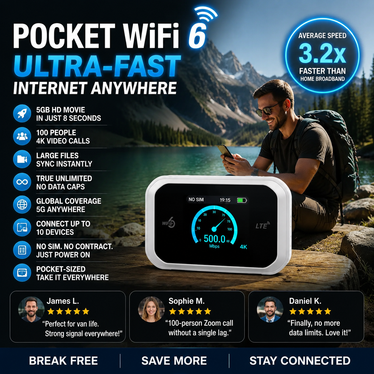 📶Mobile hotspot with full Wi-Fi coverage(No card included)