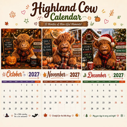 🎁2027 Highland Cow Wall Calendar – Cute Farmhouse Style Calendar For Home Decor✨