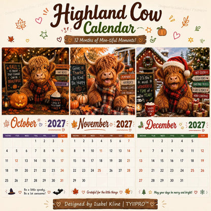 🎁2027 Highland Cow Wall Calendar – Cute Farmhouse Style Calendar For Home Decor✨