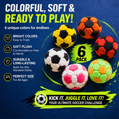 6 Pack Soccer Hackys Footbag Sacks - Soft Plush Footbags for Adults