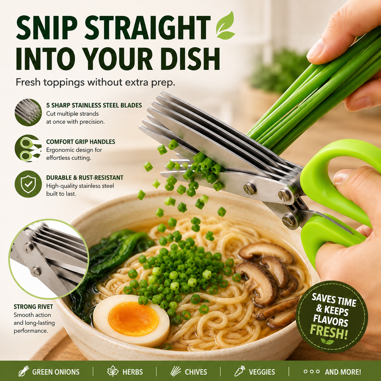 🌿 Kitchen Time-Saver: 5-Blade Stainless Steel Herb & Scallion Scissors with Cleaning Comb