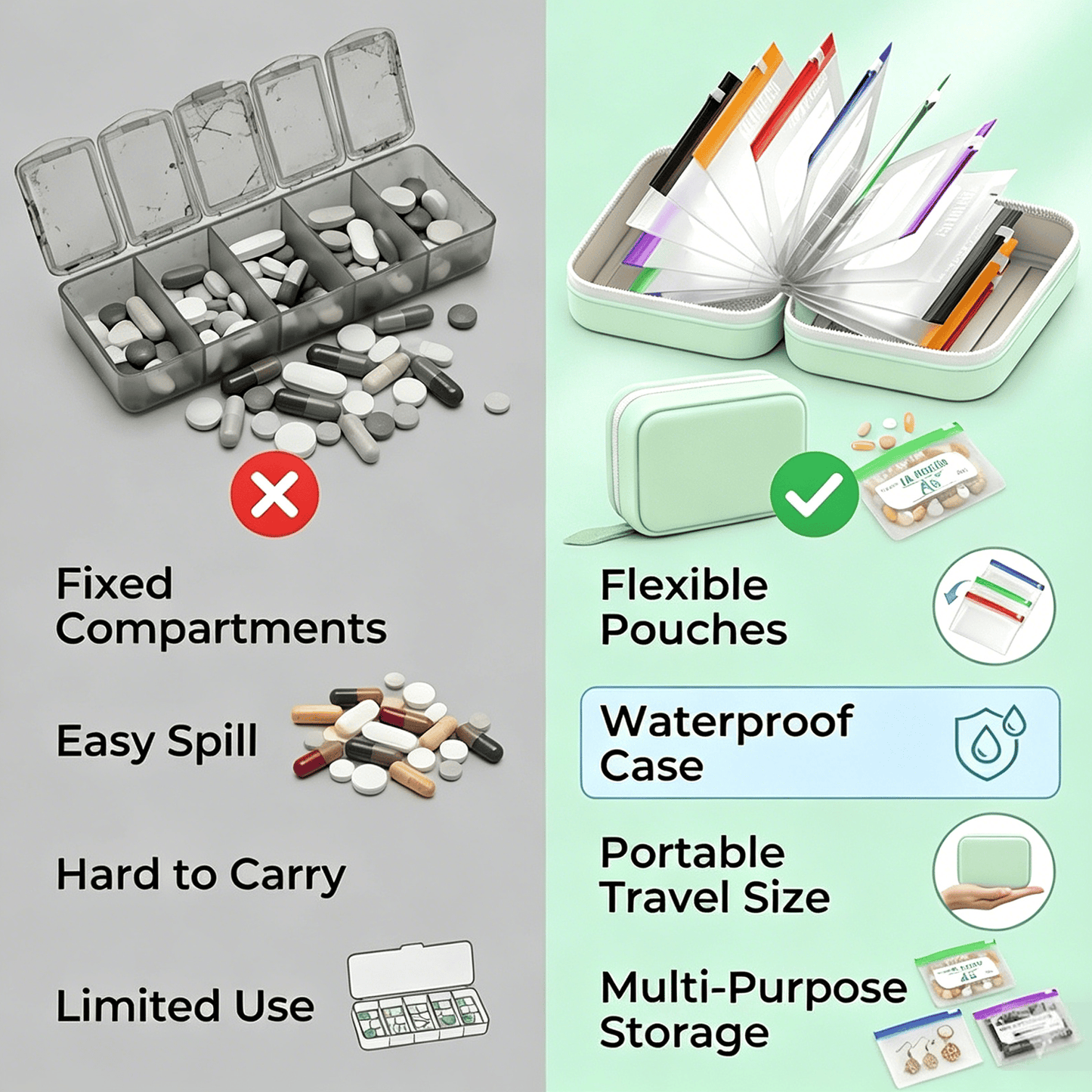 🥳2026 HOT SALE💞UP TO 50% OFF!!💊 A8 Waterproof Travel Pill Organizer Case with 14 Color-Coded Zipper Pouches for Vitamins & Supplements