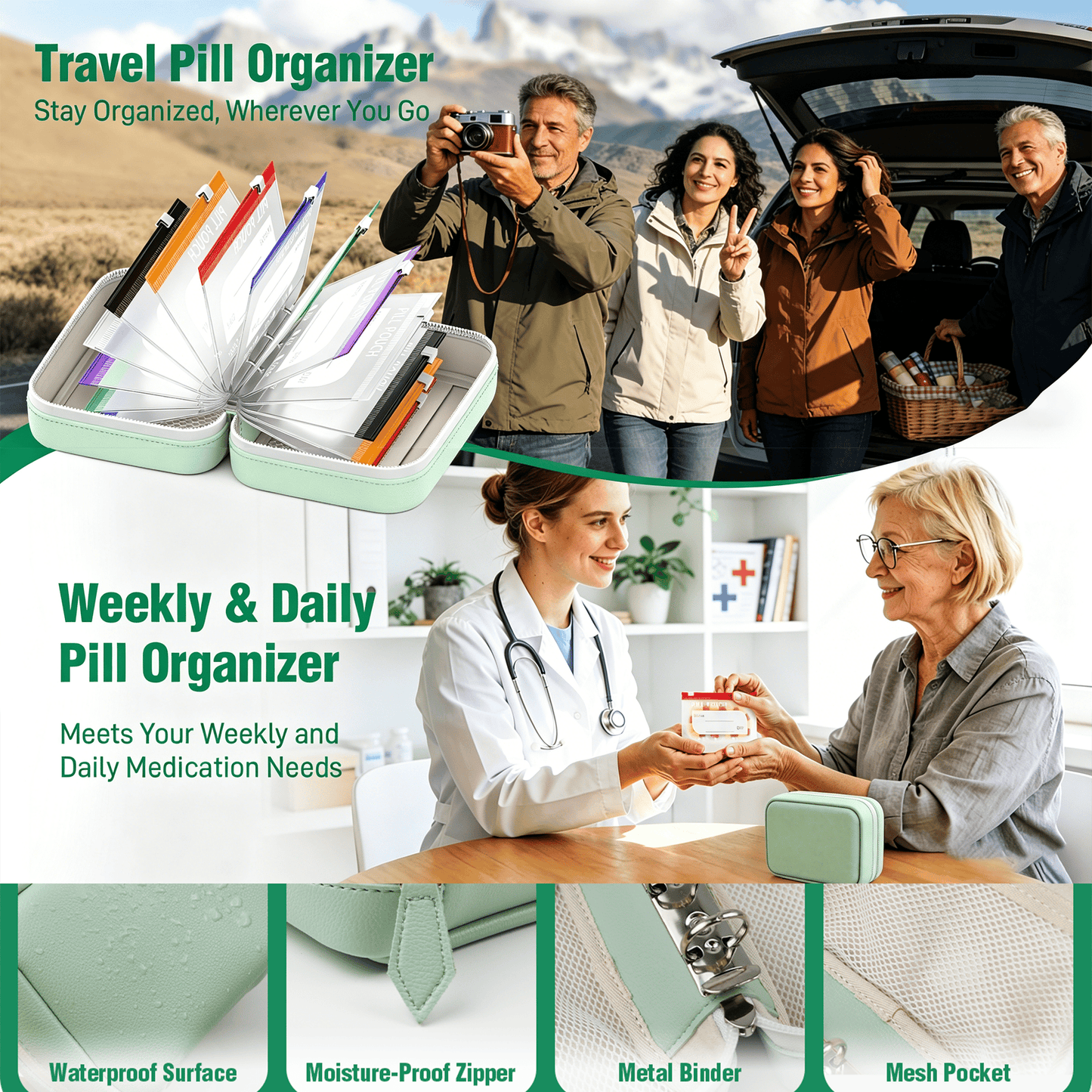 🥳2026 HOT SALE💞UP TO 50% OFF!!💊 A8 Waterproof Travel Pill Organizer Case with 14 Color-Coded Zipper Pouches for Vitamins & Supplements